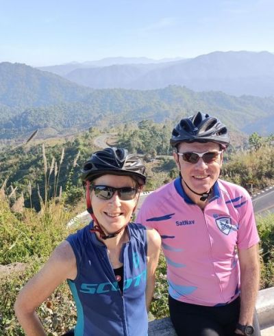 Ruth and Phil Dunnell Cycling on the  tour with redspokes